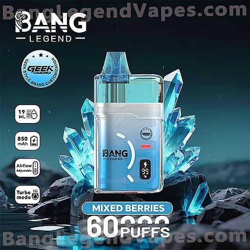 Bang Legend vape pod device with a blue transparent body surrounded by blue crystal shards, advertising the Mixed Berries flavor and 60 puffs, with a 19 ml capacity and 850 mAh battery.