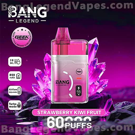 Pink Bang Legend disposable vape labeled Strawberry Kiwi Fruit with 60,000 puffs, featuring a pink mouthpiece and a clear pink body showing 19 mL e-liquid and 850 mAh battery, with adjustable airflow and turbo mode against a magenta crystal backdrop.