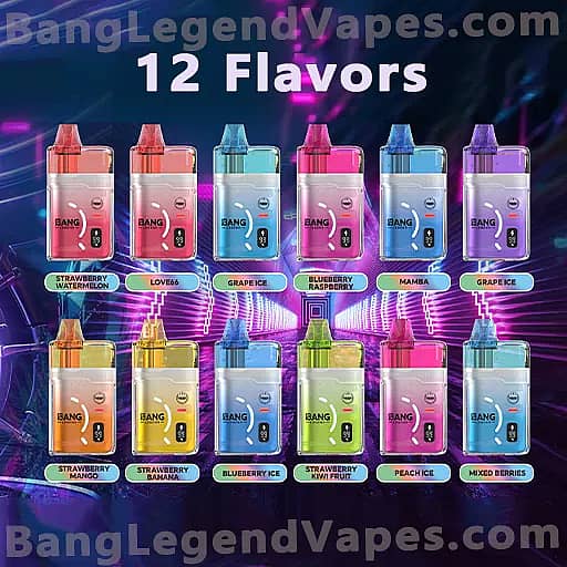 Bright promotional banner for BangLegendVapes.com displaying twelve colorful vape bottles arranged in two rows under the heading '12 Flavors,' with each bottle labeled with different flavors such as Strawberry Watermelon, Grape Ice, Blueberry Ice, Peach Ice and others.