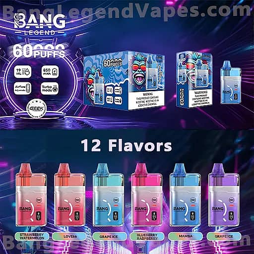 Neon Bang Legend vaping advertisement featuring two product boxes and a row of twelve colorful pod devices beneath a bold "12 Flavors" heading, set against a purple-blue background with mentions of 60,000 puffs.
