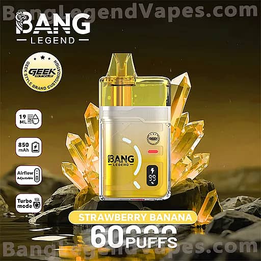 Bang Legend vape device with a yellow cartridge, flavor Strawberry Banana, set among crystal-like yellow crystals, advertising 60,000 puffs.