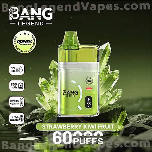 Green Bang Legend vape device with Strawberry Kiwi Fruit flavor, set among crystal-green crystals; highlights include 60,000 puffs, 19 mL e-liquid, 850 mAh battery, adjustable airflow, and turbo mode.