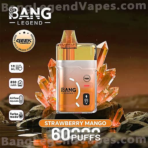 Promotional Bang Legend vape device with an orange-tinted pod, labeled 'Strawberry Mango' and '60,000 puffs,' set among orange crystal-like formations.