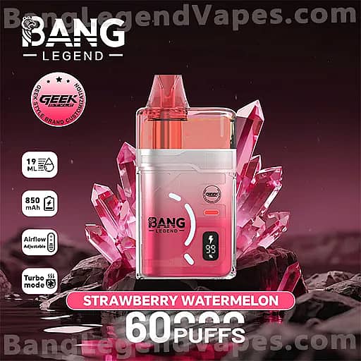 Pink Bang Legend disposable vape in front of pink crystal formations, strawberry watermelon flavor, highlighting adjustable airflow, turbo mode, and up to 60,000 puffs.