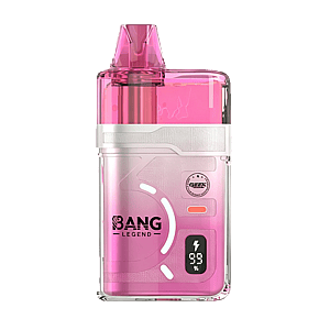 A pink Bang Legend disposable vape with a translucent pink mouthpiece, pink transparent body, white grip band, Bang Legend logo, and a small digital display showing 99%.