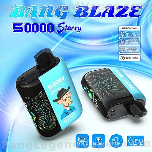 Two black Bang Blaze 50000 Starry devices with turquoise labels and starry patterns sit against a blue swirled background, one standing upright and the other lying on its side, with a small icon panel labeled Mode Options in the upper right.