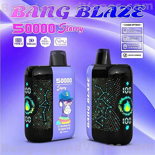 Two black Bang Blaze 50000 Starry vape devices with LED dotted patterns; the left device has a purple sleeve labeled '50000 Starry' and flavor 'Cranberry Grape Ice,' while the right device shows a glowing digital display, set against a purple gradient background.