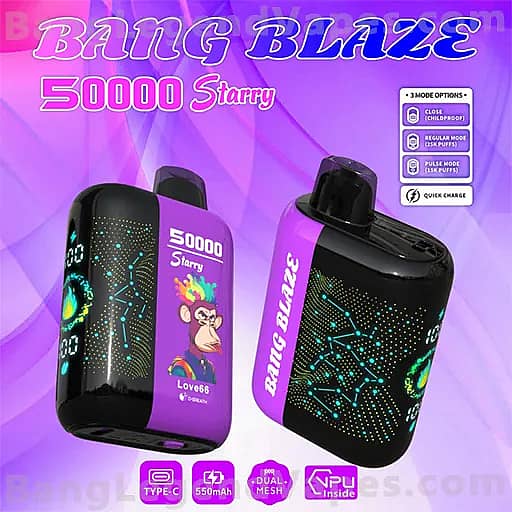 Two Bang Blaze 50000 Starry vape pod devices in purple and black with a starry dot motif, displayed on a purple background with a 3-mode options panel.