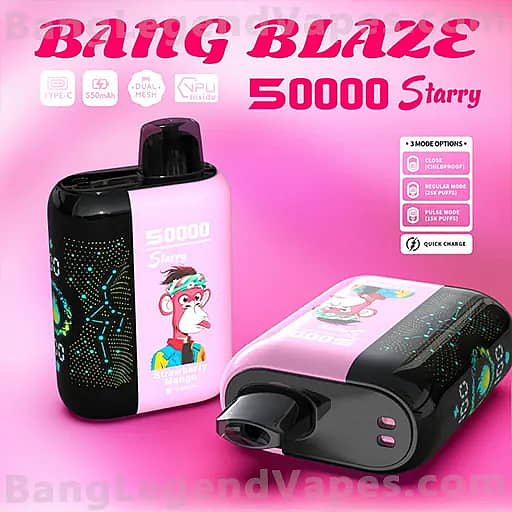 Two pink and black Bang Blaze 50000 Starry vape devices on a pink gradient background; one upright shows a cartoon monkey graphic and the 50000 label, the other lies on its side to reveal a starry LED panel and control buttons.