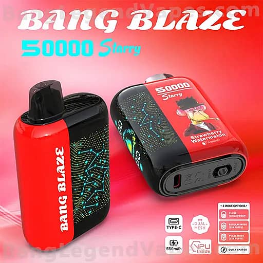 A red and black Bang Blaze 50000 Stars vape pod system with a dotted LED-pattern panel, displayed next to a cartridge and packaging that reads Strawberry Watermelon flavor.