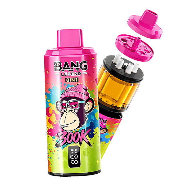 A bright pink Bang Legend 8IN1 can featuring a cartoon monkey wearing a pink beanie and glasses, with colorful splash graphics and the number 300K, beside a pink-lidded gold-tinted vape tank.