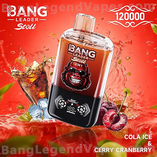 A bright red advertisement featuring a transparent Bang Leader Stout 2-in-1 bottle with a black base and gorilla logo, surrounded by cola splashes, ice, cherries, and cranberries, with the flavor text Cola Ice & Cherry Cranberry.