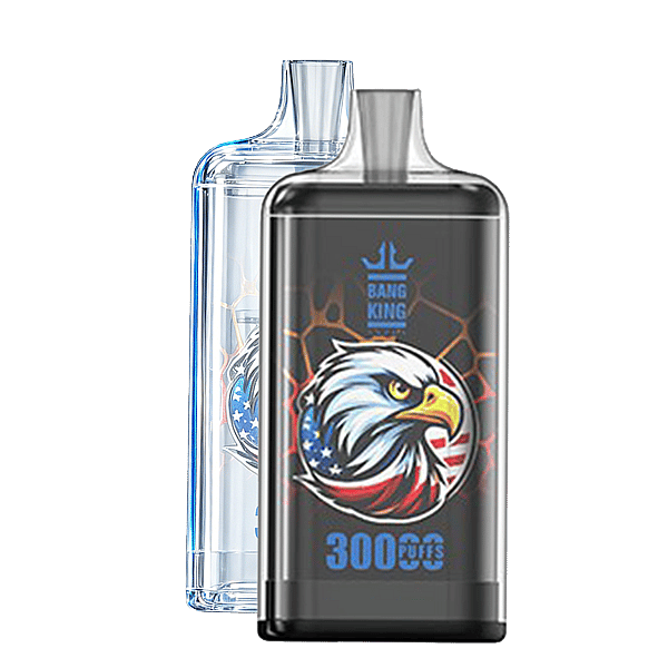 A dark disposable vape device in the foreground with an eagle head logo in red, white, and blue and a blue 300 puffs label, Bang King branding above; a transparent second vape sits behind it.