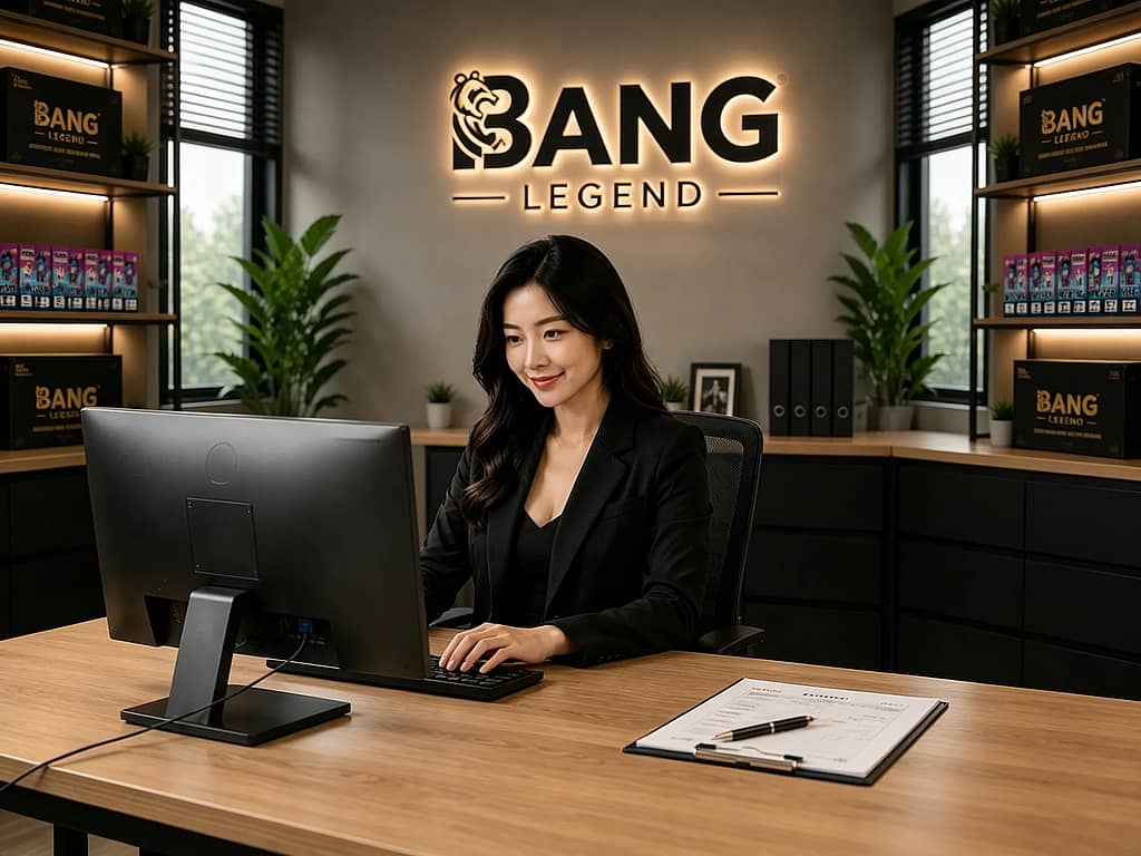A woman in a black blazer sits at a wooden desk in a modern office, typing on a computer as a large illuminated BANG LEGEND sign hangs on the wall behind her and shelves of boxed products line both sides.