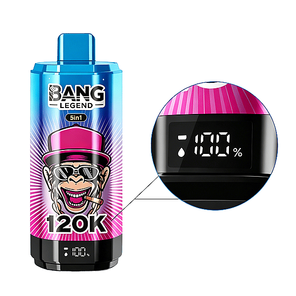 Blue and pink Bang Legend 120K 5-in-1 vape bottle featuring a cartoon monkey wearing a pink top hat and sunglasses, with a circular display showing real-time battery level and puff count.
