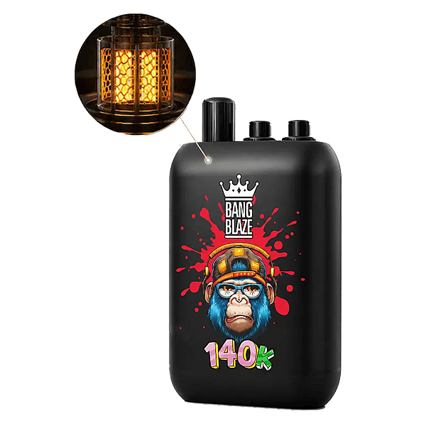 A black cylindrical bottle with Bang Blaze branding showing a cartoon ape wearing a helmet and goggles, red splatters, and the multicolored '140K' text; a crown above the logo, plus a circular inset in the top left depicting a warm amber lantern.