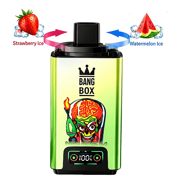 A lime-green portable blender labeled BANG BOX with a black lid and crown logo, featuring a cartoon brain wearing headphones on the front, and flavor icons showing Strawberry Ice on the left and Watermelon Ice on the right with arrows suggesting mixing.