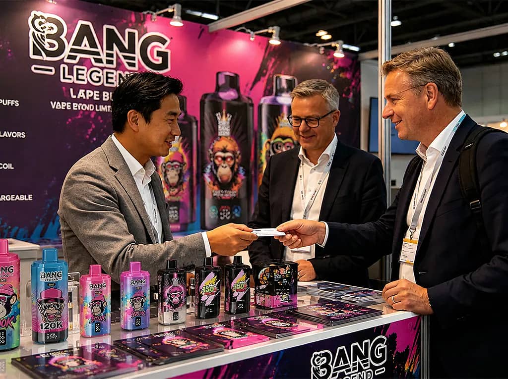 A man in a light gray blazer hands a card to a man in a dark suit at a Bang booth, with two other suited men standing nearby and colorful bottles lined up on the counter against a bright purple backdrop with the Bang branding.