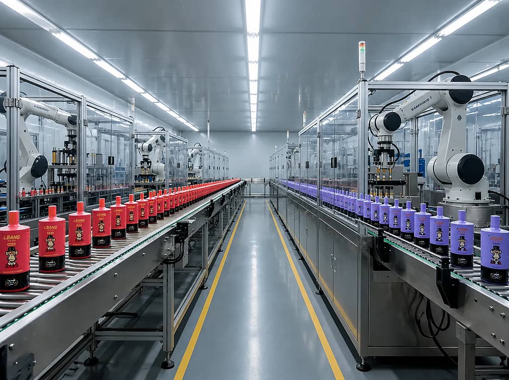 A high-tech bottling line in a clean, brightly lit factory, with robotic arms inside glass enclosures operating along a conveyor belt that carries red-labeled bottles on the left and purple-labeled bottles on the right.