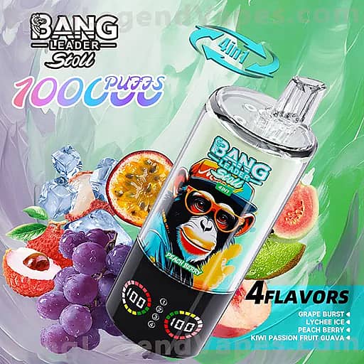 One transparent Bang energy drink bottle with a bold label featuring a cartoon monkey wearing sunglasses, surrounded by ice and colorful fruit graphics (grapes, passion fruit, and kiwi) against a green-to-purple gradient background, with the words "BANG" and "4 FLAVORS" visible.