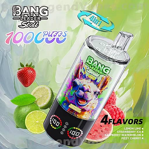 Colorful vape device with a Bang energy-themed label showing a vibrant llama illustration, set against a lime-green background with fruit images and a '4 flavors' note listing lemon lime, strawberry ice, raspberry watermelon, fizzy cherry.