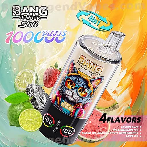 A bright vape juice bottle with a label showing a cartoon cat wearing goggles, set against a splashy background with lime, lemon, strawberry, and watermelon, and the text '4 flavors' visible nearby.