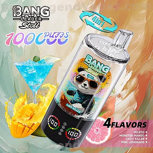 A clear blender bottle with a black base and screw-top lid, featuring a panda wearing sunglasses on the label and Bang branding, with four flavors mentioned, set against a bright, multicolored background and showing a blue cocktail glass and fruity garnishes nearby.