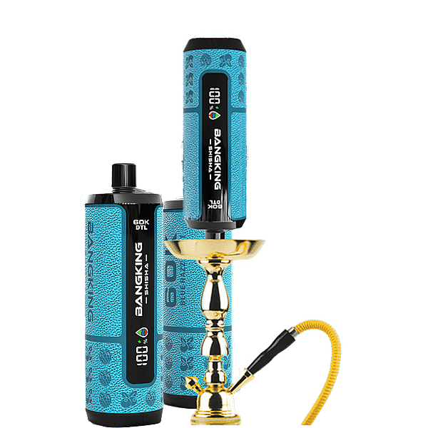 Two blue textured BangKing vape devices with black vertical labels sit beside a gold hookah with a yellow hose on a blue abstract background.