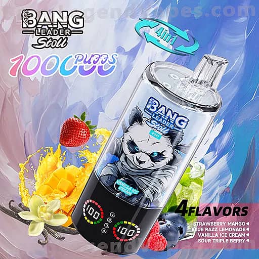 A clear vape mod with a glass tank and a label featuring a fierce white panda, set against a colorful tropical background with mango, pineapple, and berries, and text announcing four flavors including Strawberry Mango and Blue Razz Lemonade.