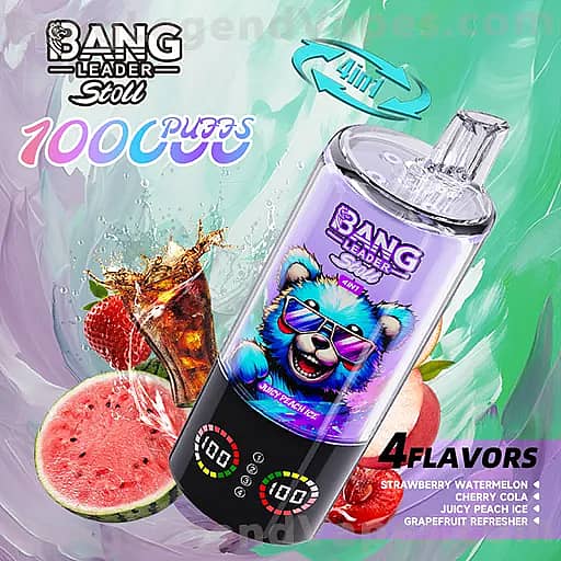 Colorful advertisement for a purple portable blender with a clear lid, featuring a blue bear wearing sunglasses on the label and the words Bang Leader Stool Mini, set among fruit slices (watermelon, strawberry) with a pastel swirl background and the text '4 flavors' and list of flavors (strawberry watermelon, cherry cola, juicy peach, grapefruit refresher).