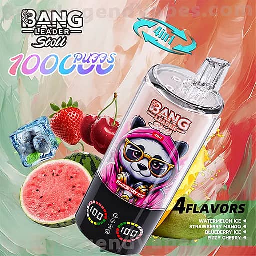 Bright Bang energy drink advertisement featuring a tall bottle with a cartoon dog wearing yellow glasses on the label, set against a colorful gradient with watermelon, strawberries, and cherries and ice; highlights 4 flavors: Watermelon Ice, Strawberry Mango, Blueberry Ice, Fizzy Cherry.