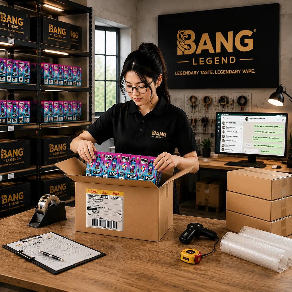 A woman with glasses and dark hair tied back, wearing a black Bang Legend polo, packs purple Bang Legend boxes into a cardboard shipping box in a warehouse-style store, with shelves of boxes and a large Bang Legend sign on the wall behind her.